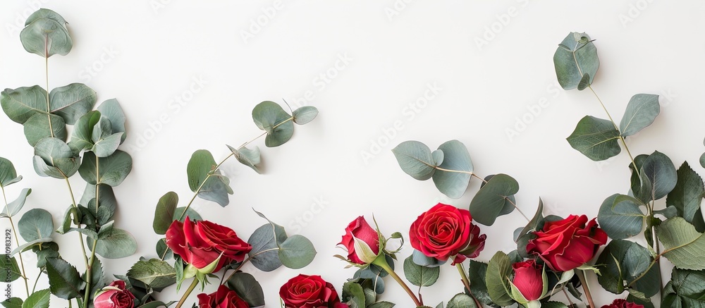 Poster valentine s day concept depicted with roses and eucalyptus on a white background with copy space ima