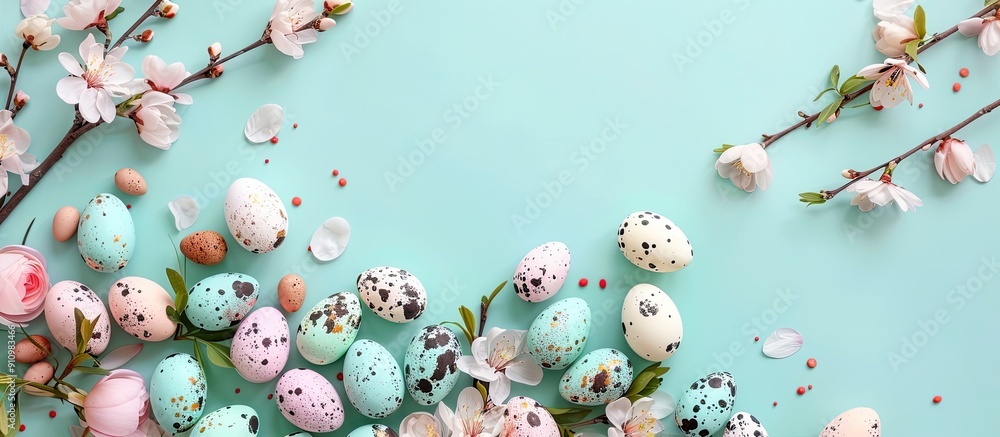 Poster Square image with Easter decorations and a composition featuring flowers pastel colored Easter eggs against a mint background in a flat lay view with copy space