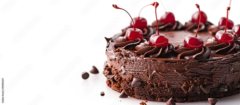 Poster Chocolate cake with cherry on top on a white background ideal for adding text or graphics beside it in a design with copy space image