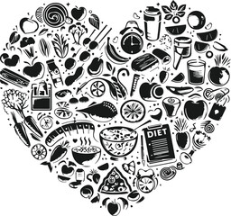 Various Sports Vegetables Cereals Seafood Meat Fruit For Healthy Lifestyle Diet and Fitness Icon Set