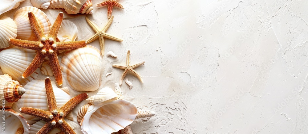 Poster shells starfish and sand on a white backdrop create a serene copy space image