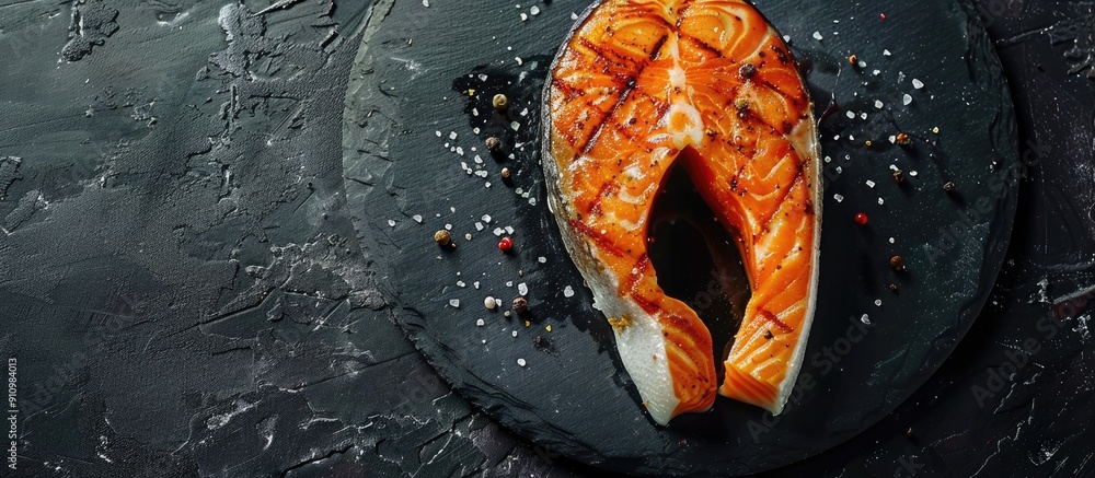 Aufkleber Top view of a salmon fish steak with seasoning on a black slate plate with copy space image available