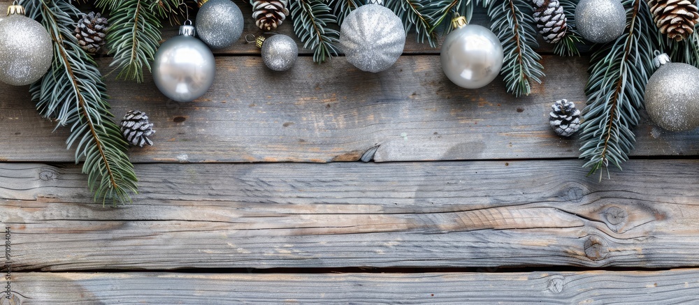 Poster natural light wooden plank background adorned with fir and christmas baubles providing a serene sett