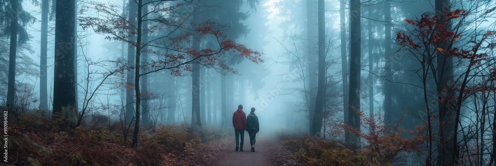 Poster two individuals walking on a misty forest path, surrounded by autumn foliage and tall trees creating