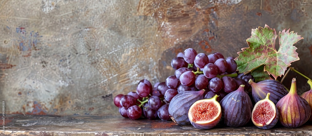 Poster autumn fruits like figs and red grapes displayed on a rustic backdrop with a large copy space image