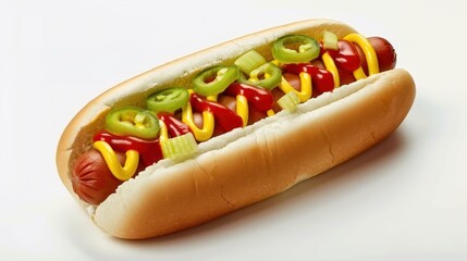 A Delicious Hot Dog with Mustard, Ketchup, and Jalapenos