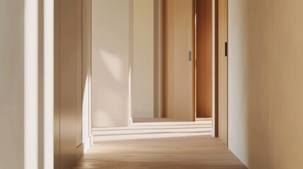 Fototapeta premium Sunlight streams through a minimalist corridor with wooden accents, casting soft shadows and creating a tranquil atmosphere.