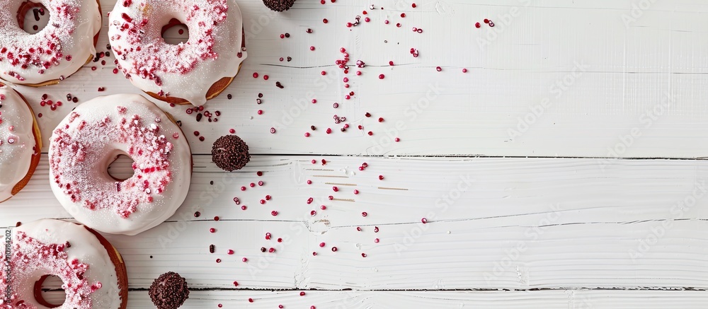 Poster delicious donuts with icing and chocolate bites on a white wooden backdrop perfect for a copy space 