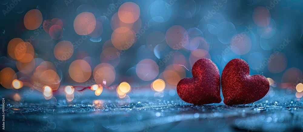 Aufkleber valentine s theme with red hearts on a blue background illuminated by lights and bokeh effects creat