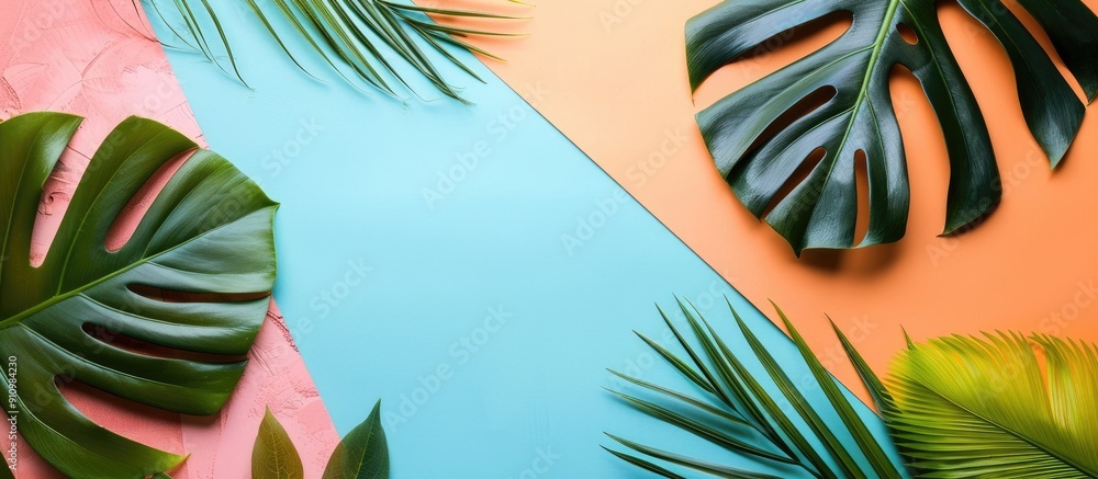 Poster summer flat lay composition featuring tropical leaves on a colorful backdrop providing engaging copy