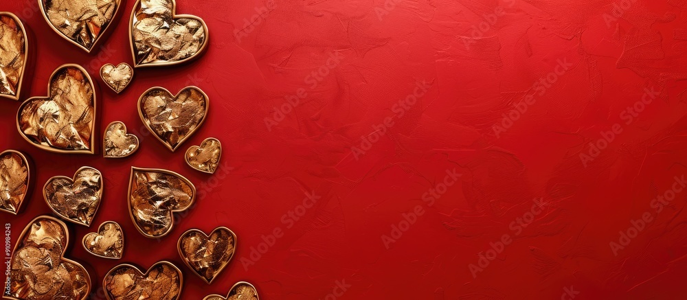 Aufkleber valentine s day concept with heart shaped gold paper cutouts on a vibrant red backdrop perfect for u