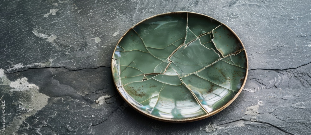 Poster Green plate with fractures displayed on a gray backdrop with copy space image