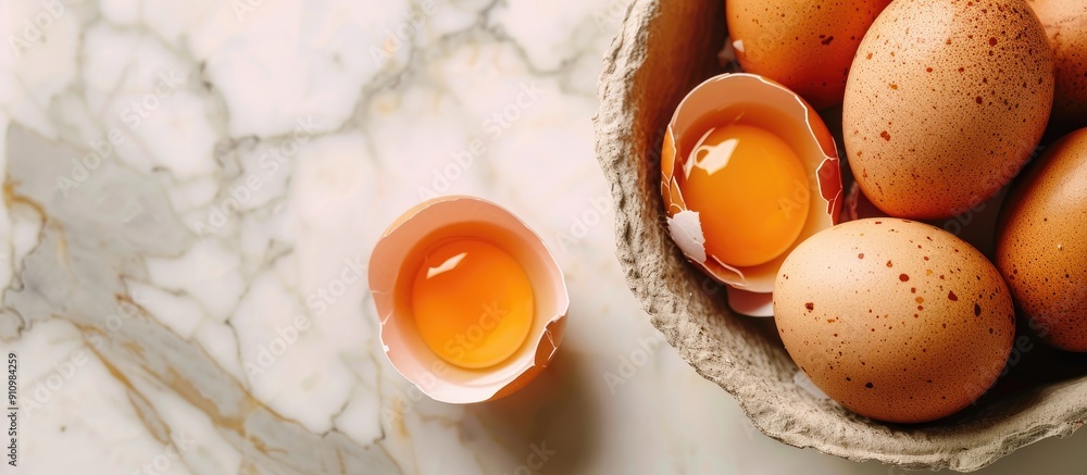 Aufkleber A high quality photo of chicken eggs in a container with a broken egg displayed on a light background with copy space image