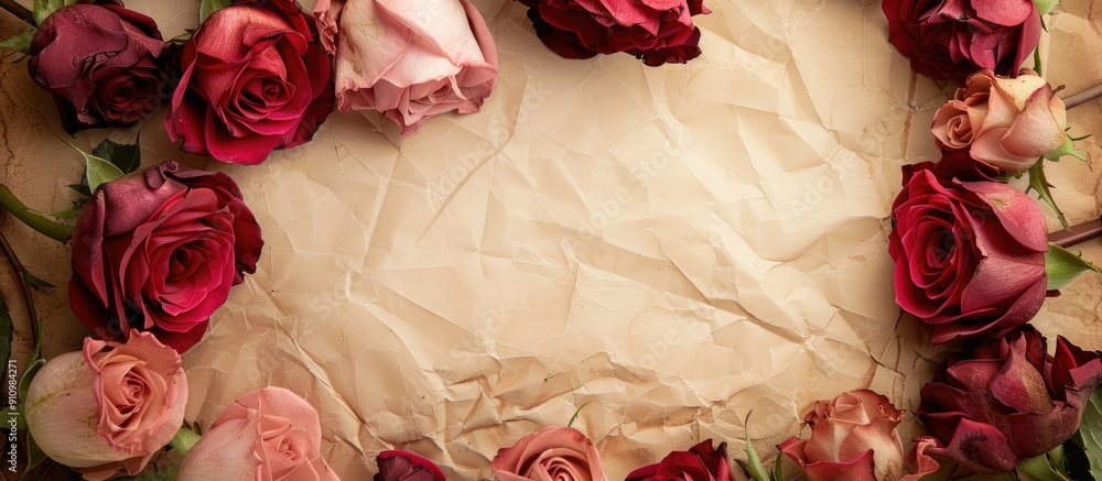 Aufkleber Beautiful display of red and pink roses on vintage paper with an empty space for adding a personalized touch ideal for a copy space image