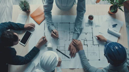 A collaborative team of professionals actively discussing and drafting architectural plans on a large table filled with blueprints and essential tools.