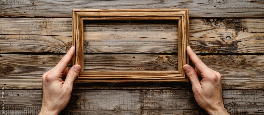 Poster Detailed view of hands grasping an empty wooden frame displaying copy space image