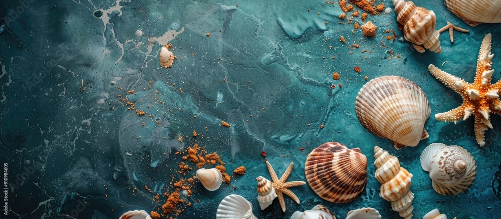 Poster Top view of a sea themed design featuring shells and a designated area for text with copy space image