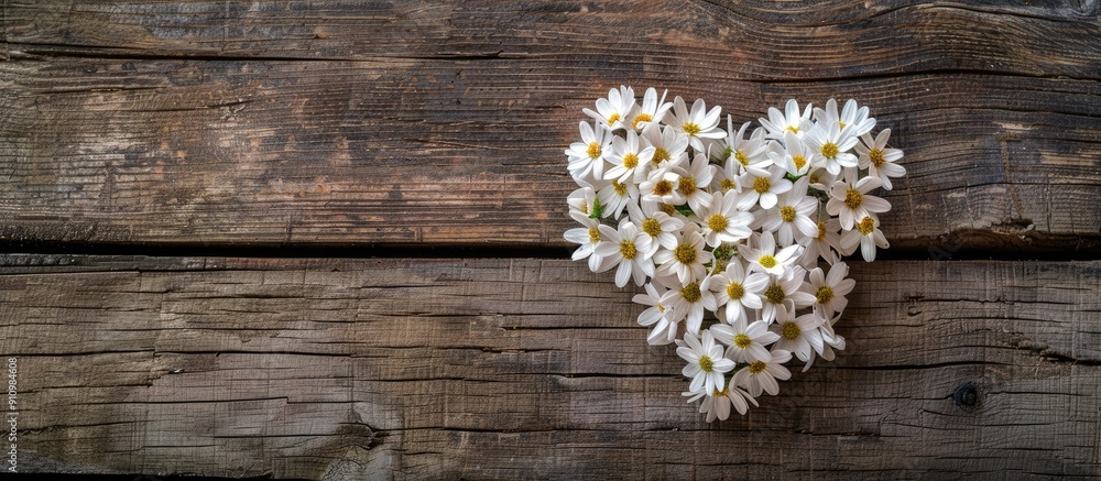Poster heart shaped white flowers on wooden surface perfect for design projects with copy space image top v