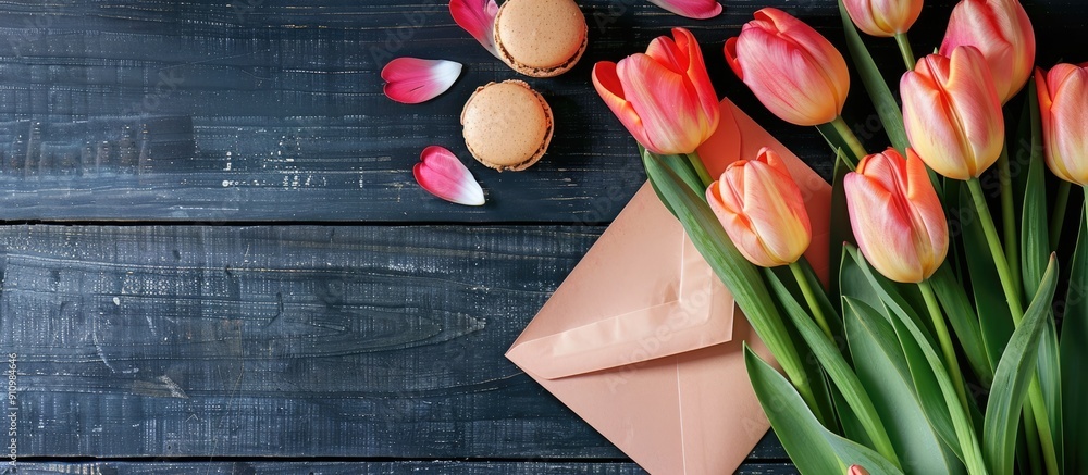 Poster Top view of vibrant tulips next to an envelope and macarons on a dark wooden surface with space for adding an image. copy space available