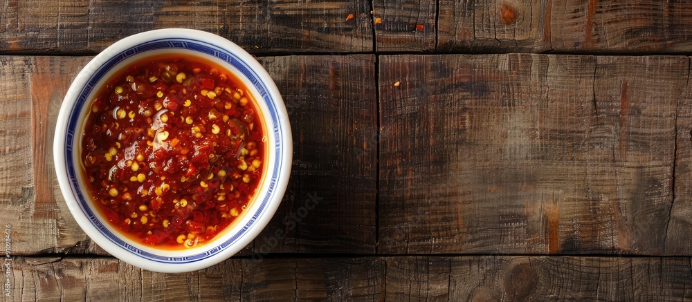 Poster A top down view of a bowl of spicy chili sauce on a wooden table with room for text alongside the image. copy space available