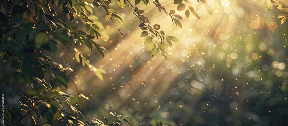 Poster filtered sunlight shining through tree branches creates a peaceful ambiance perfect for a copy space