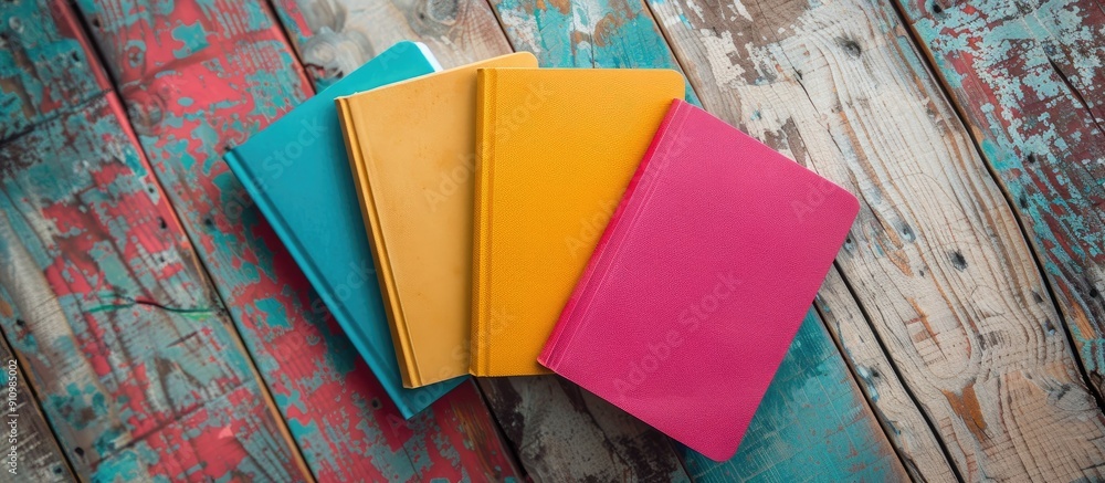 Leinwandbilder flat lay of three vibrant planners displayed on a wooden surface with copy space image