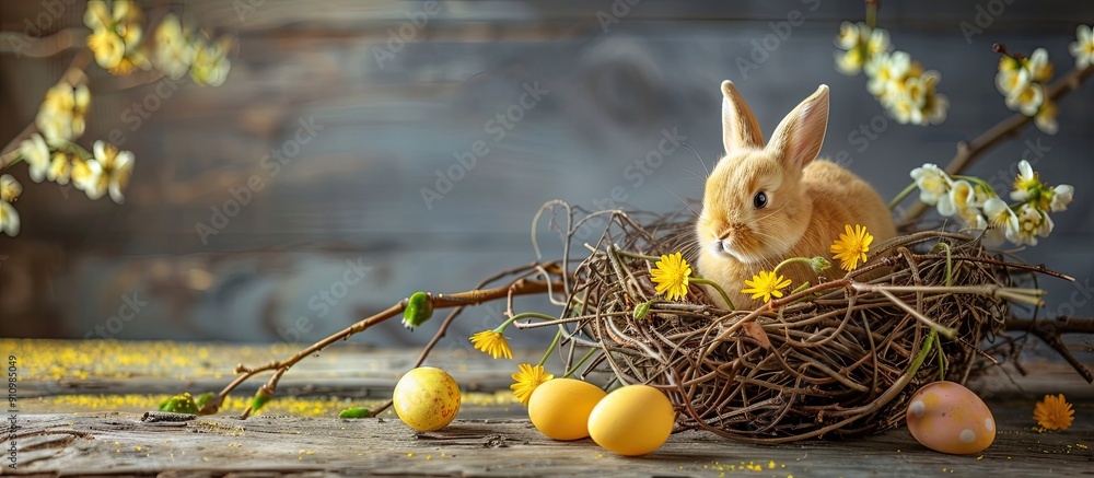 Aufkleber Holiday card with natural dyed Easter eggs and rabbit decorations on a wooden background alongside a stylish yellow bunny in a nest of spring flowers on a rustic table with copy space image