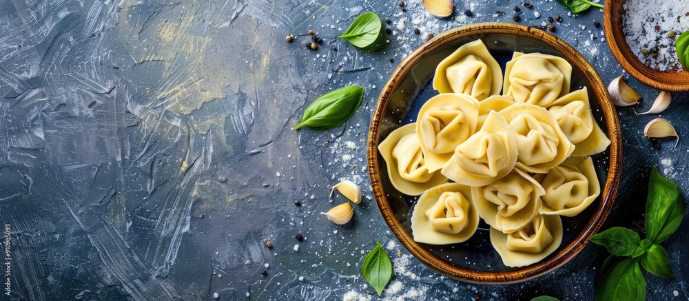 Poster a top view of a menu concept featuring tortellini pasta stuffed ravioli with a food background and c