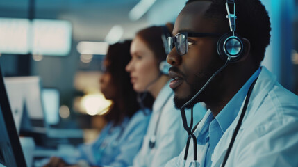 Medical professionals in a call center, wearing headsets and focused on their screens, providing remote healthcare assistance.