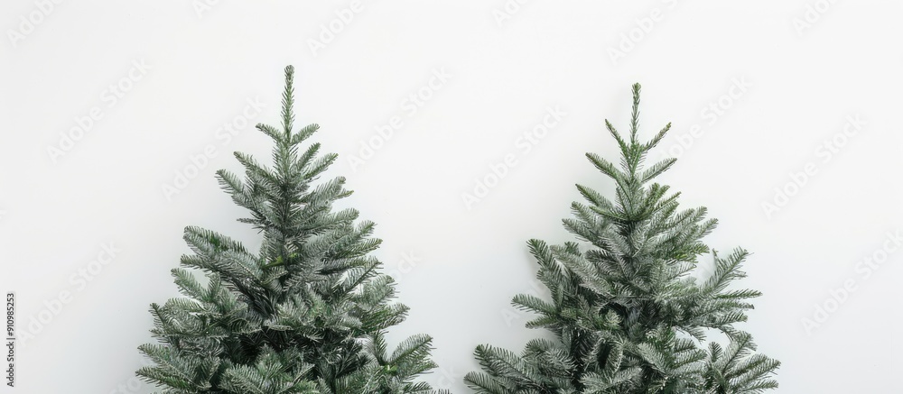 Aufkleber two christmas trees on a white background creating a festive holiday setting with a flat lay and top