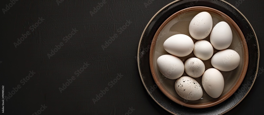 Aufkleber Top view of organic farm white chicken eggs displayed on a plate against a black background creating a striking copy space image