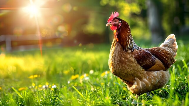 Chicken at grass, hen poultry farm outdoor nature agriculture livestock