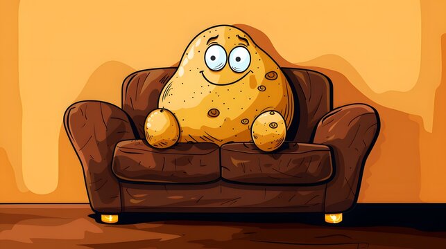 Couch potato funny cartoon, lazy character sitting brown sofa illustration