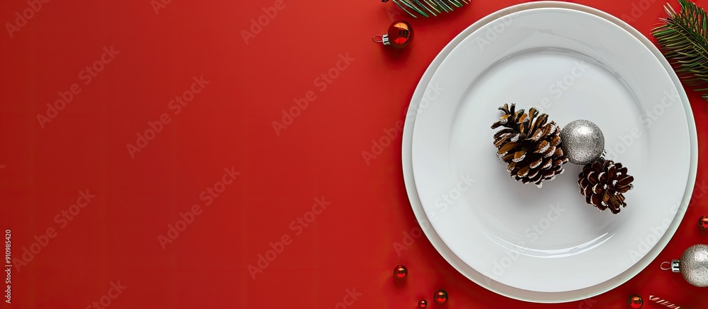 Poster creative flat lay with festive silver baubles and pine cone on a white plate set against a red backg