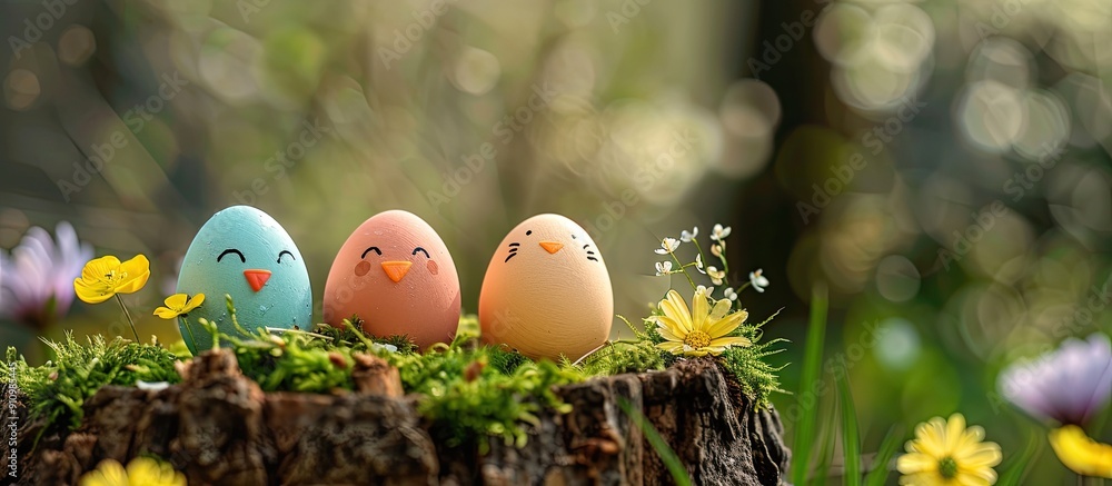 Poster easter eggs with adorable faces displayed on a tree stump amid flowers and moss in a copy space imag