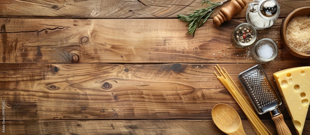 Poster Top view of a wooden background with a triangular cheese slice metal grater salt shaker bamboo spoons and paste ideal for text placement in a flat lay pasta setting with copy space image