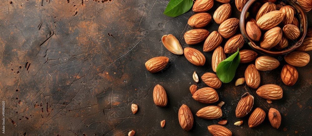 Poster Almond nuts both with and without shells arranged on a table with space for an image. copy space available