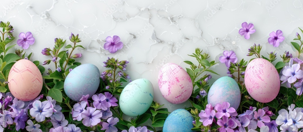 Poster colorful easter eggs and phlox flowers on a white background with a copy space image for creating bo