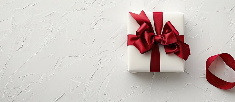 Festive gift box adorned with a red ribbon and bow on a white background for occasions like Christmas and New Year Includes copy space image