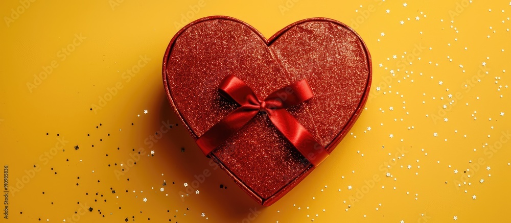 Poster heart shaped red gift box adorned with a sparkling ribbon on a yellow backdrop perfect for a copy sp