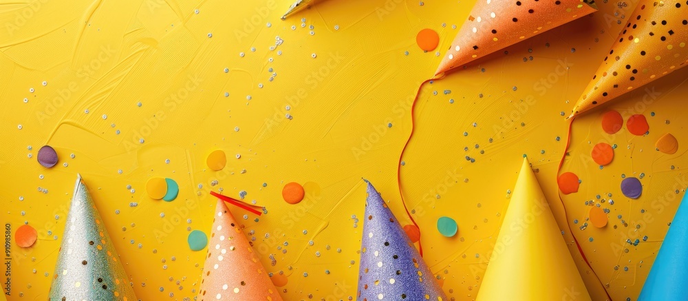 Poster Top down view of exquisite party hats against a vibrant yellow backdrop with room for text in the copy space image