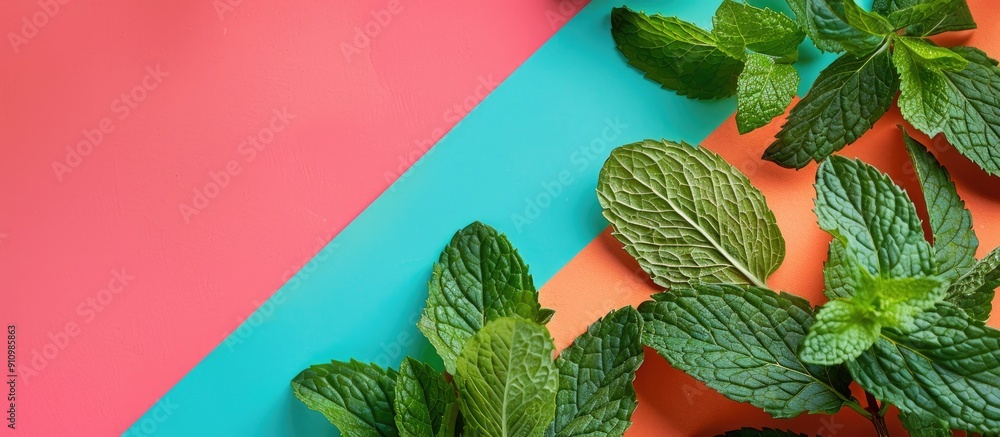 Aufkleber fresh mint leaves on a colorful backdrop showcased from above with room for text or images in the fr