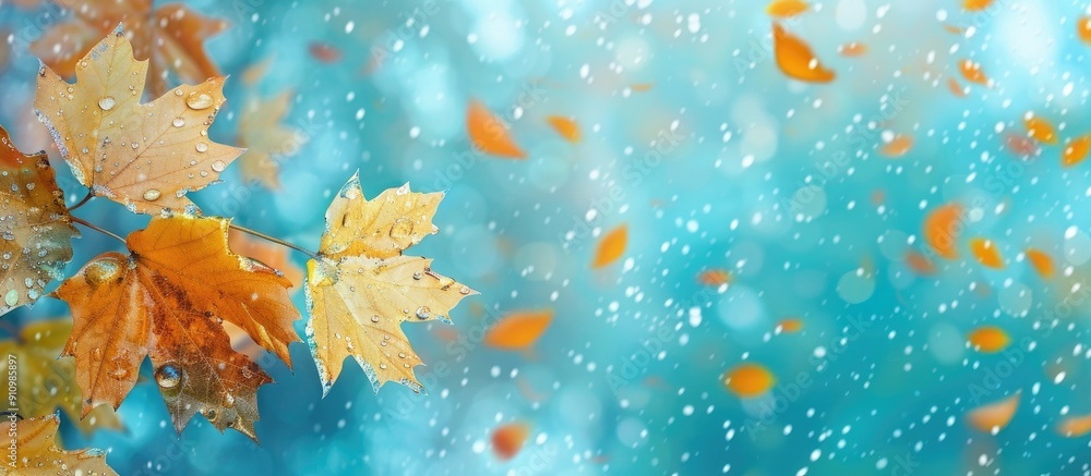 Poster colorful autumn banner featuring maple leaves adorned with raindrops in yellow and orange hues again