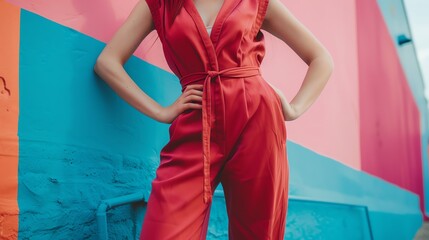 A woman wearing a red jumpsuit standing against a colorful wall.