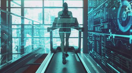 A person is running on a treadmill in a futuristic gym with digital data overlays on the screen, symbolizing modern fitness technology.