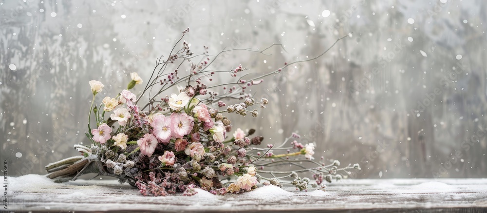 Poster A delightful bouquet of flowers placed on a rustic wooden surface set against a snowy backdrop evokes the essence of spring in an enchanting copy space image