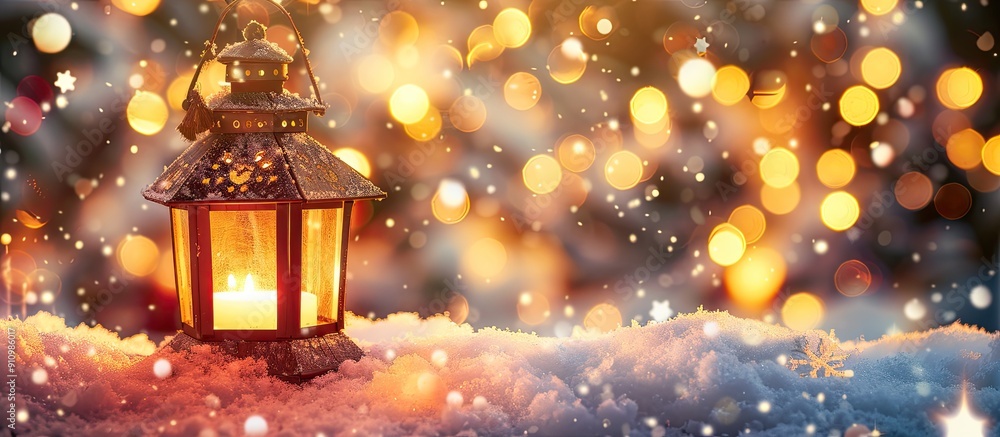 Aufkleber Wooden Christmas lantern and snow create a picturesque scene with copy space image and bokeh effect