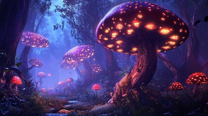 Fototapeta premium A mystical forest filled with large glowing mushrooms, casting an ethereal light amidst lush vegetation during twilight hours