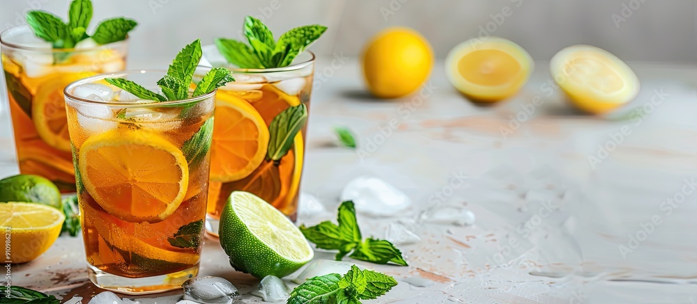 Poster refreshing iced tea garnished with lemon lime and mint perfect for a sunny day s copy space image