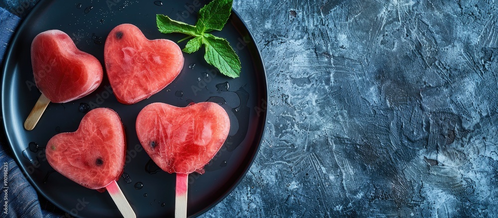 Poster valentine s day snack idea heart shaped watermelon popsicles on a black plate displayed on a dark bl